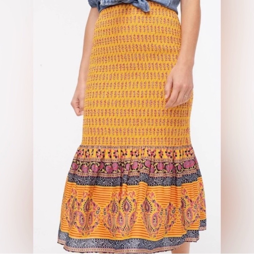 J.Crew Mermaid Style Smocked Midi Skirt in Sunny Block Print Yellow Size 12